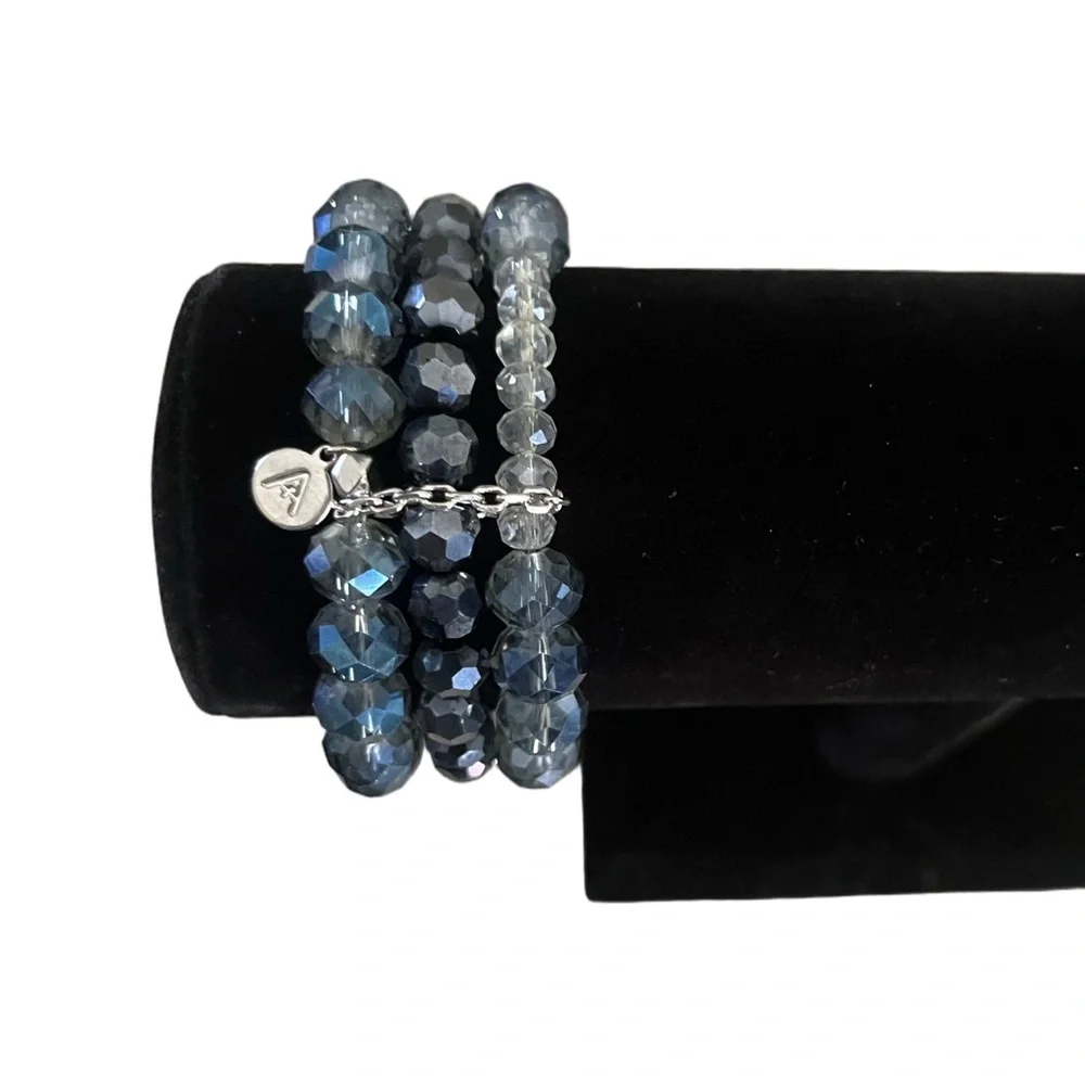 Blue Crystal Beaded Stretch Bracelet – Triple Strand